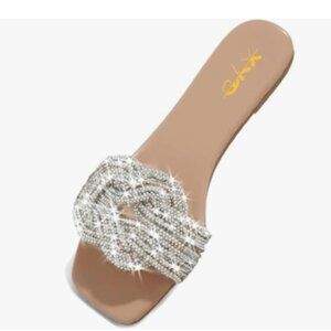 XYD Nude Shiny Rhinestone Straps Slide Sandals Sparkle Fancy Open Toe Slippers